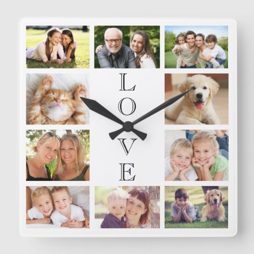 Family Love Photo Collage Square Wall Clock