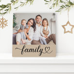 Family Love Script Custom Gray Beige Photo Plaque<br><div class="desc">Custom tabletop home decor features a favorite family photo with minimal white "Family" typography overlay design that includes elegant flourish and heart details. Note,  the neutral gray beige colored background and white text can be customized. A unique gift idea for your loved ones!</div>