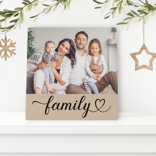 Family Love Script Custom Gray Beige Photo Plaque