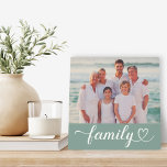 Family Love Script Custom Gray Green Photo Plaque<br><div class="desc">Custom tabletop home decor features a favorite family photo with minimal white "Family" typography overlay design that includes elegant flourish and heart details. Note,  the gray green colored background and white text can be customized. A unique gift idea for your loved ones!</div>