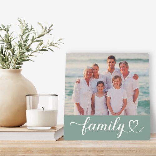 Family Love Script Custom Gray Green Photo Plaque