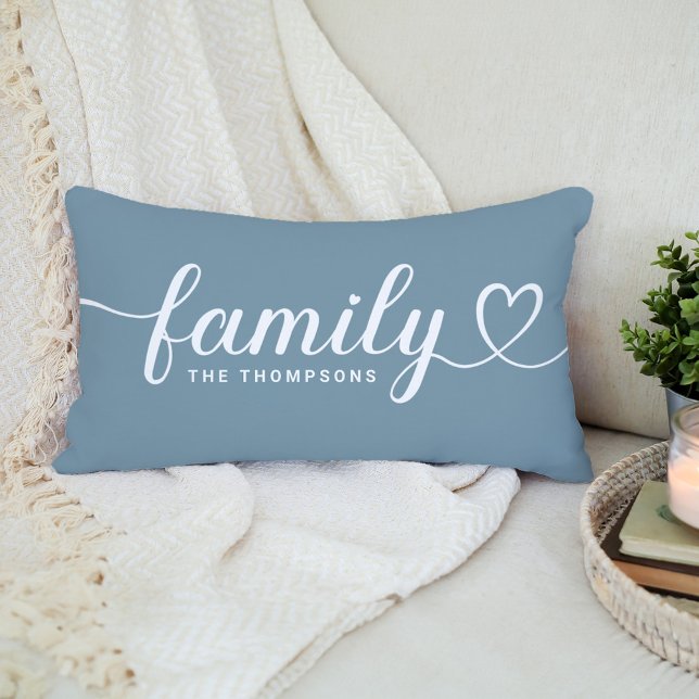 Family Love Script Dusty Blue Custom Monogram Lumbar Pillow (Creator Uploaded)