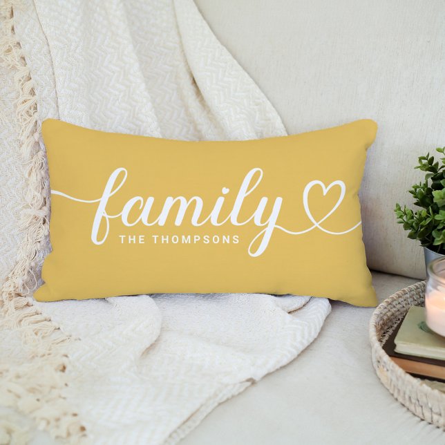 Family Love Script Golden Yellow Custom Monogram Lumbar Pillow (Creator Uploaded)