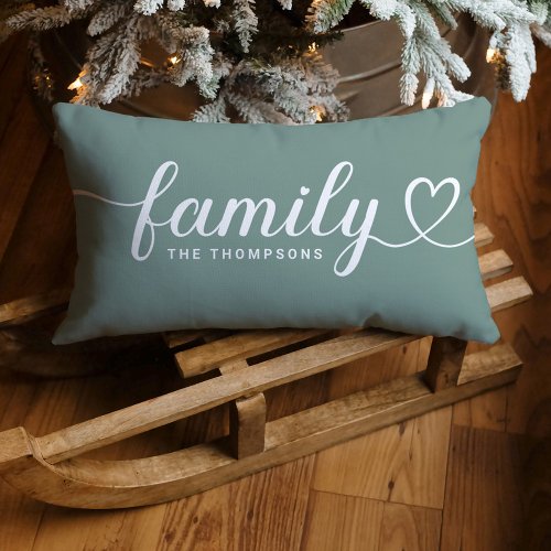 Family Love Script Gray Green Custom Monogram Lumbar Pillow