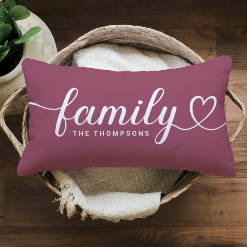 Family Love Script Rose Wine Custom Monogram Lumbar Pillow