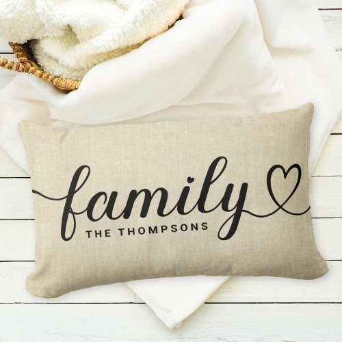 Family Love Script Rustic Linen Custom Monogram Lumbar Pillow