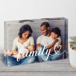 Family Love White Script Custom Horizontal Photo Block<br><div class="desc">Modern and stylish custom horizontal tabletop photo block features a favorite photo with a minimal "family" typography overlay design that includes elegant flourish and cute heart details. The white text color can be modified.</div>