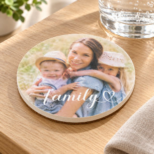 Family Love White Script Custom Photo Coaster