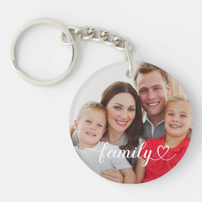 Family Love White Script Custom Photo Keychain (Front)
