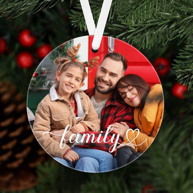 Family Love White Script Custom Photo Ornament (Creator Uploaded)