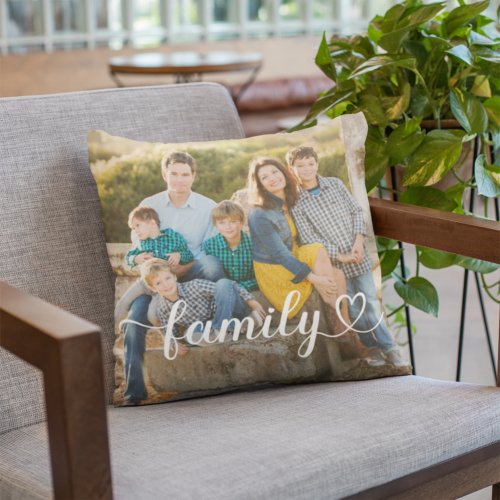Family Love White Script Custom Photo Throw Pillow