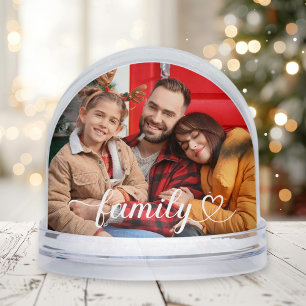 Family Love White Script Heart Photo Snow Globe