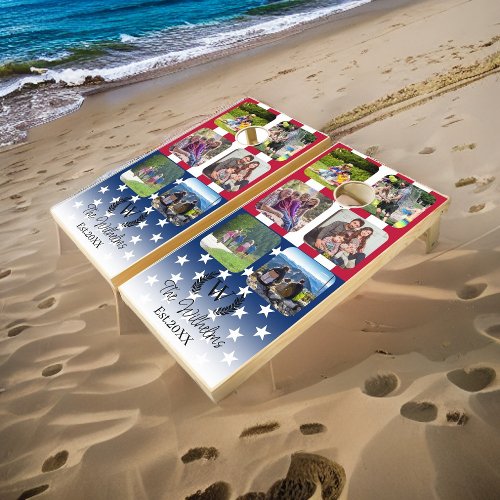 Family Lovely Memories Photo template USA flag Cornhole Set