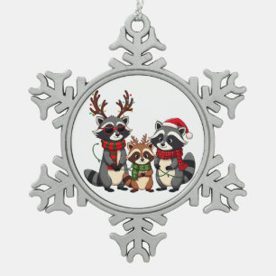 Family Matching Christmas Raccoons Santa Hat Snowflake Pewter Christmas Ornament