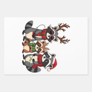 Family Matching Christmas Raccoons Santa Hat Wrapping Paper Sheets