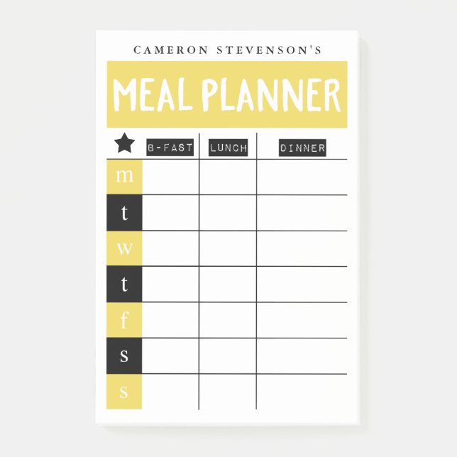 Family Meal Planner | Yellow & Black | Custom Name Post-it Notes (Front)