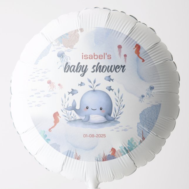 family member blue whale under sea baby shower balloon (Front)