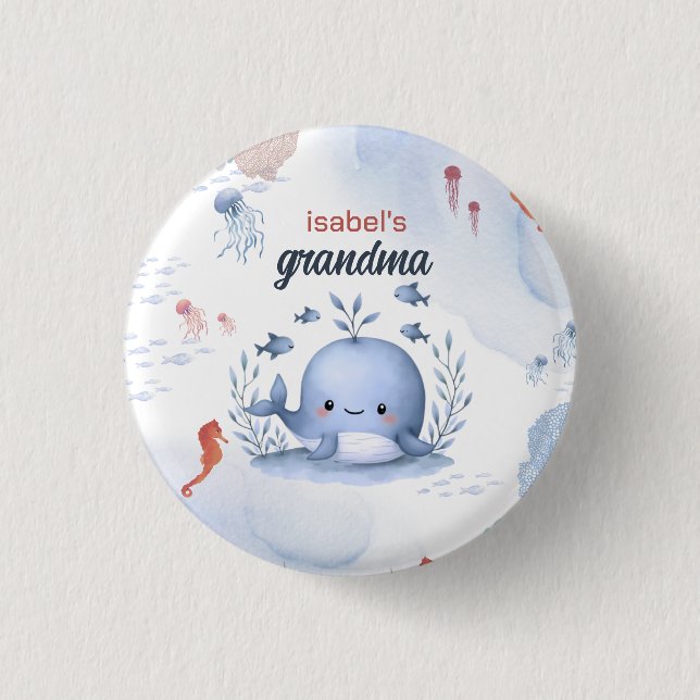 family member blue whale under sea baby shower button (Front)