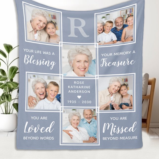 Family Memorial Keepsake Gray Photo Collage Fleece Blanket (Creator Uploaded)
