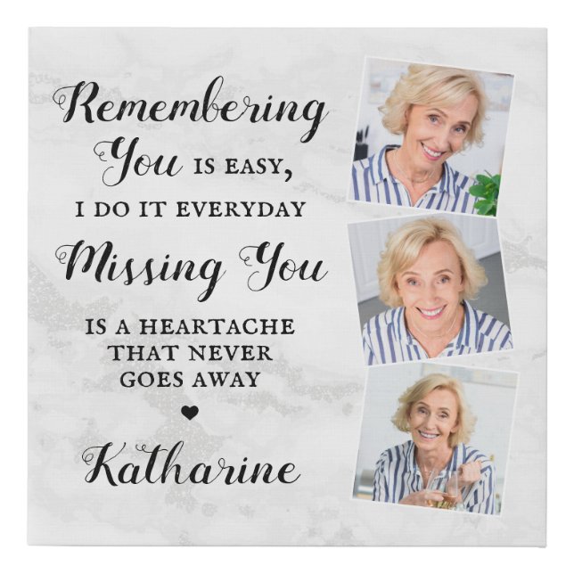 Family Memorial Remembrance Personalized 3 Photo Faux Canvas Print (Front)