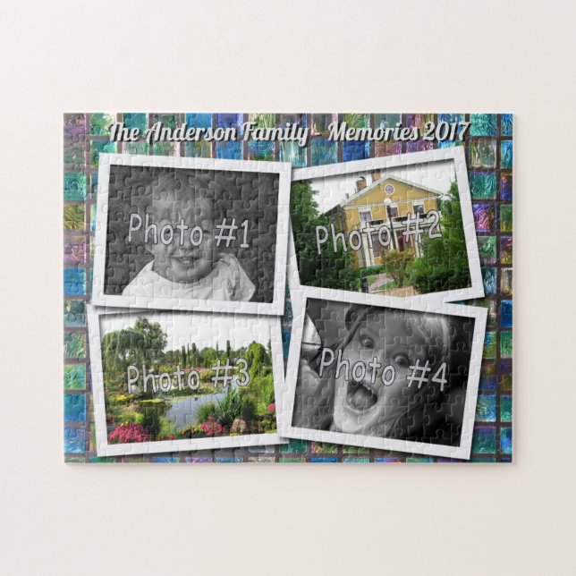 Family Memories 4 x Custom Photos on Glass Tiles Jigsaw Puzzle (Horizontal)
