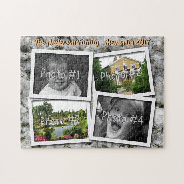 Family Memories 4 x Custom Photos on Granite Rock Jigsaw Puzzle (Horizontal)