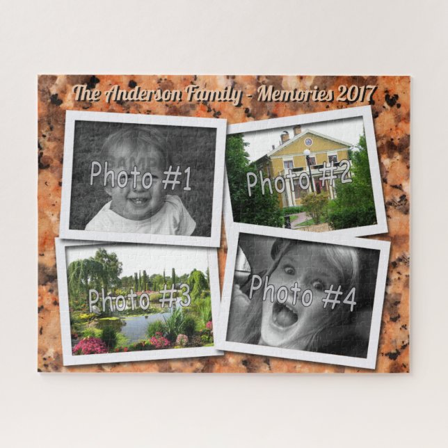 Family Memories 4 x Custom Photos on Orange Rock Jigsaw Puzzle (Horizontal)