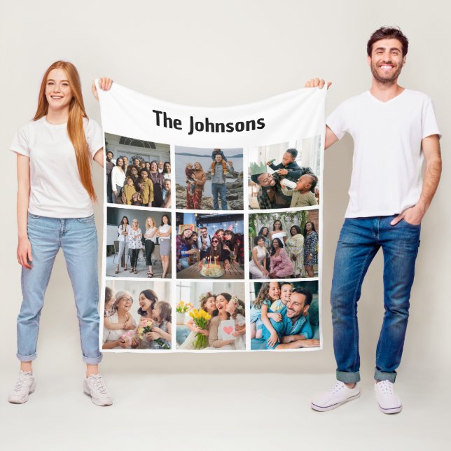 Family Memories 9 Photo Grid Personalized Collage Fleece Blanket (In Situ)