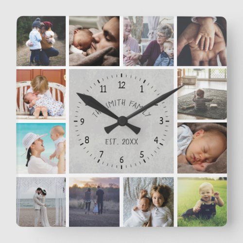 Family memories collage modern font grey texture square wall clock