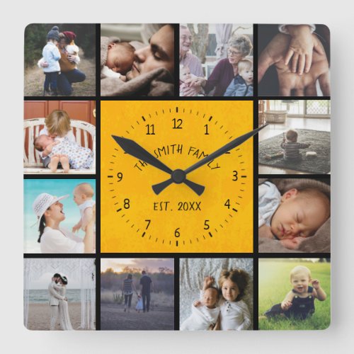 Family memories collage modern yellow texture  square wall clock