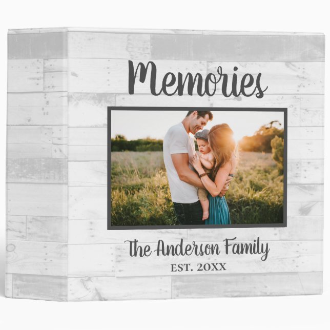 Family Memories Name Photo White Wood Scrapbook 3 Ring Binder (Front/Spine)