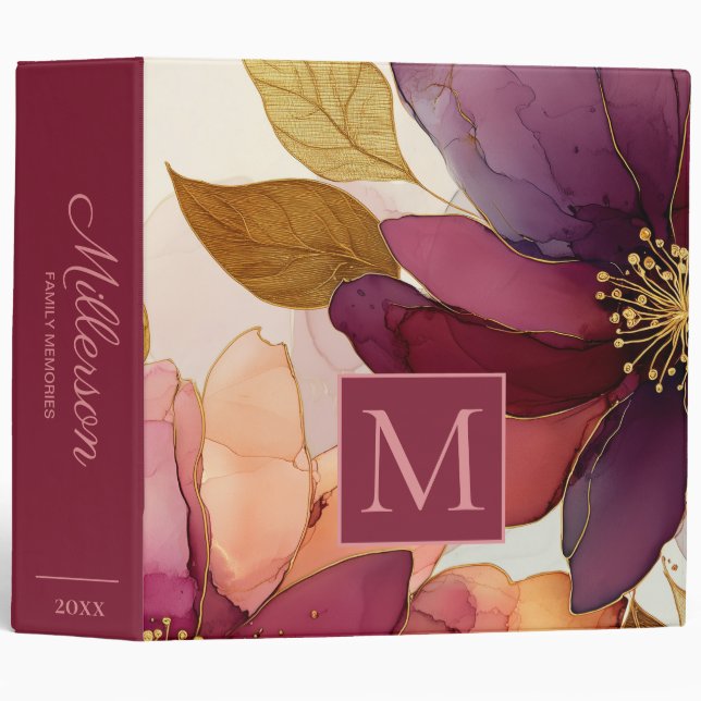 Family Memories Scrapbook Burgundy Gold Floral 3 Ring Binder (Front/Spine)