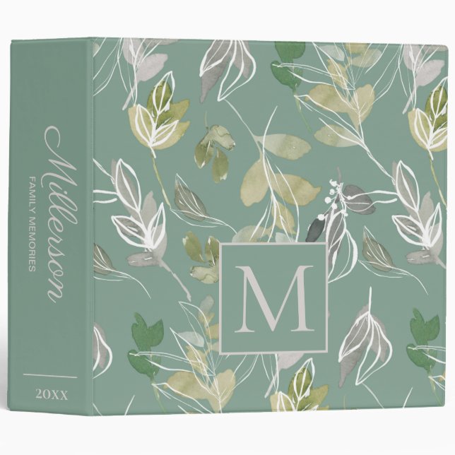 Family Memories Scrapbook Sage Green Silver Leaves 3 Ring Binder (Front/Spine)