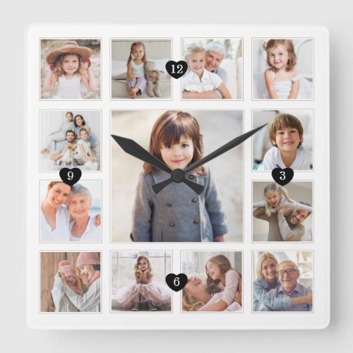 Family Memory Photo Grid Collage  Hearts Keepsake Square Wall Clock