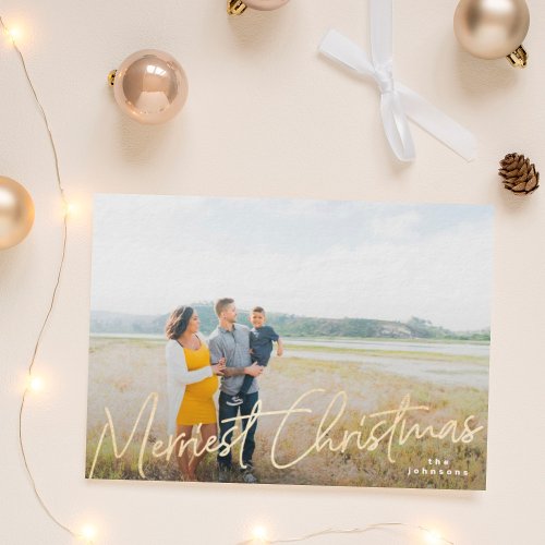 Family Merriest Christmas Gold Yellow Foil Photo Holiday Card
