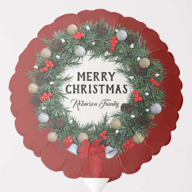 Family Merry Christmas Holiday Wreath Personalize Balloon (Front)