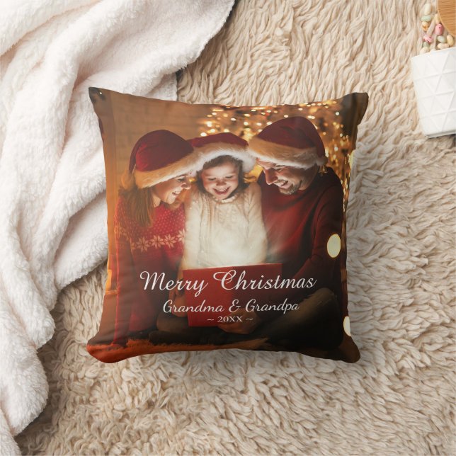 Family Merry Christmas Photo Grandma Grandpa Throw Pillow (Blanket)