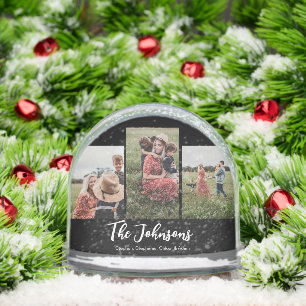 Family Modern Script Black 3 Photo Snow Globe