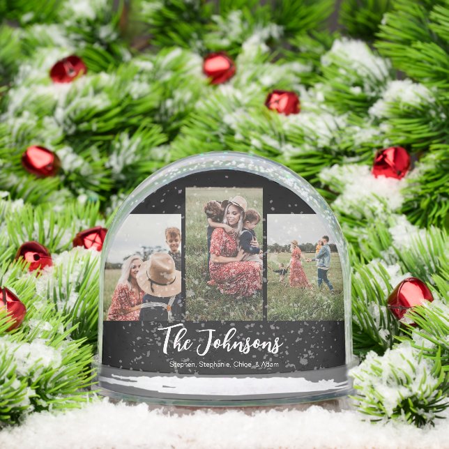 Family Modern Script Black 3 Photo Snow Globe (Christmas)