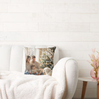 Family modern script Text Overlay with Two Photos Throw Pillow