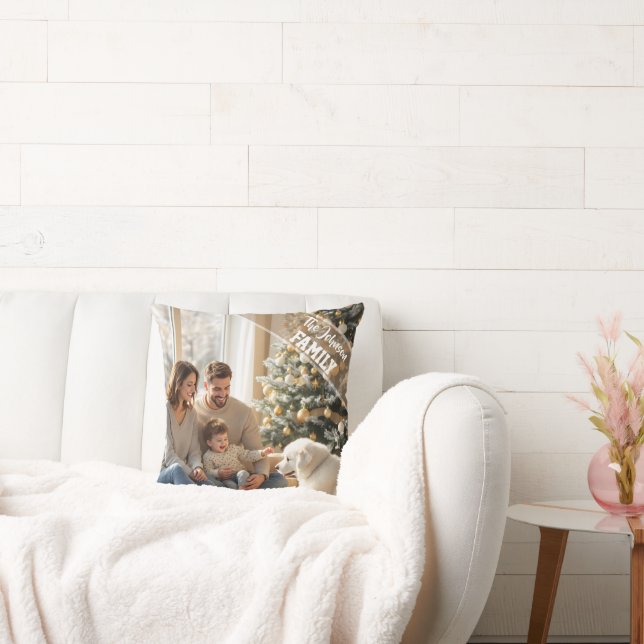 Family modern script Text Overlay with Two Photos Throw Pillow (Couch)