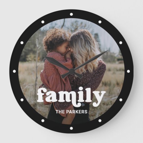 Family  Modern Script with Photo Black Large Clock