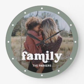 Family | Modern Script with Photo Sage Green Large Clock