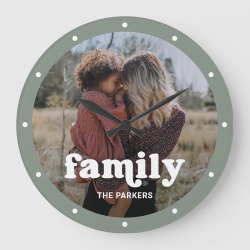 Family  Modern Script with Photo Sage Green Large Clock