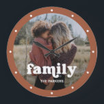 Family | Modern Script with Photo Terracotta Large Clock<br><div class="desc">This colorful and stylish clock features your favorite personal family photo,  with trendy white typography and a spot to add your name. The border of the clock is a boho terracotta color.</div>