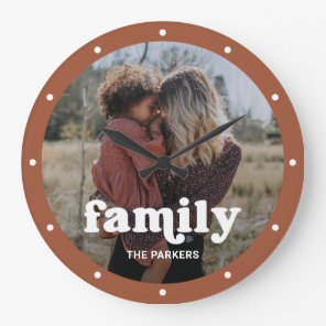 Family | Modern Script with Photo Terracotta Large Clock