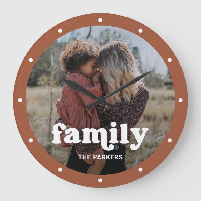 Family | Modern Script with Photo Terracotta Large Clock (Front)