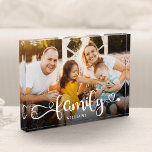 FAMILY Modern Simple Hearts Love Script Photo Block<br><div class="desc">Modern custom photo block with your favorite photo over a trendy swirly script reading FAMILY and your custom name below.</div>