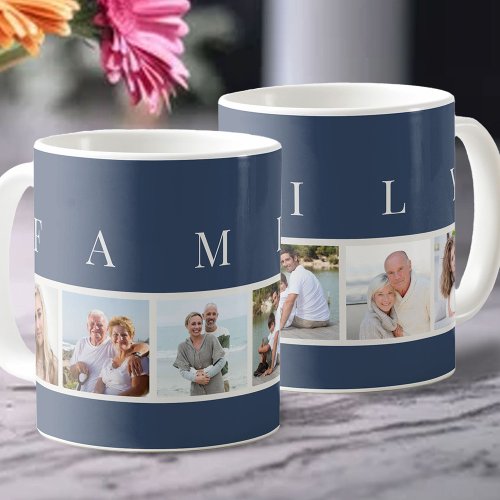 FAMILY Modern Typography and Custom 6 Photo Blue Coffee Mug