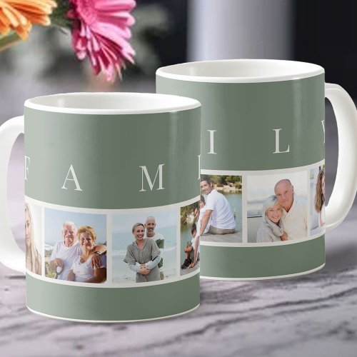 FAMILY Modern Typography and Custom 6 Photo Green Coffee Mug